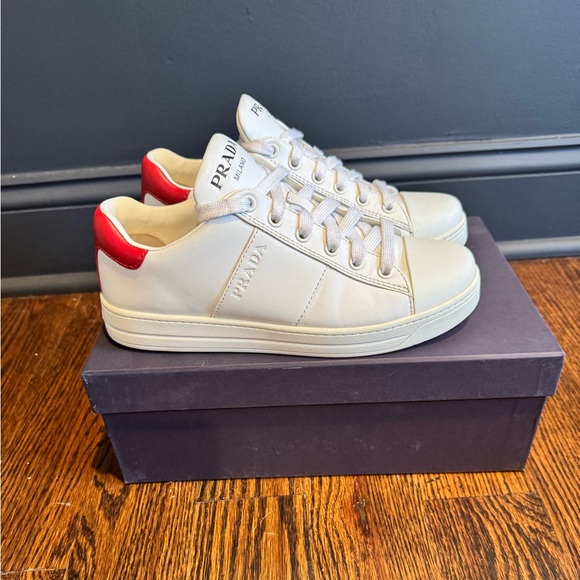 Prada Shoes - Prada White Leather Low-Top Sneakers with Red Heel